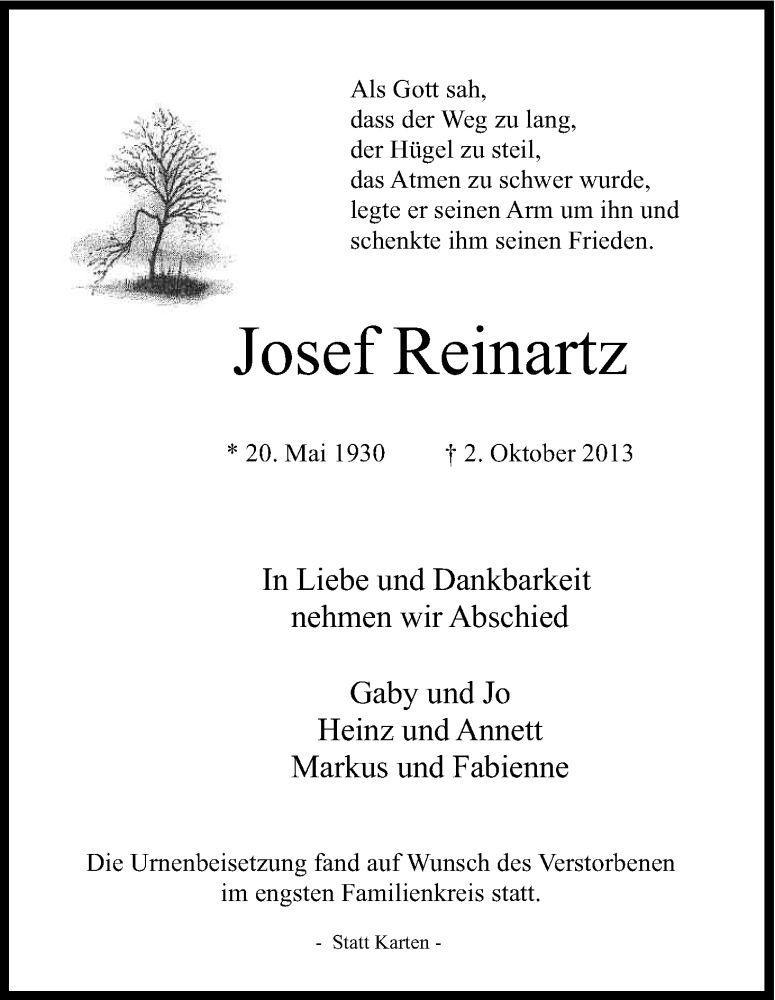  Traueranzeige für Josef Reinartz vom 19.10.2013 aus Kölner Stadt-Anzeiger / Kölnische Rundschau / Express
