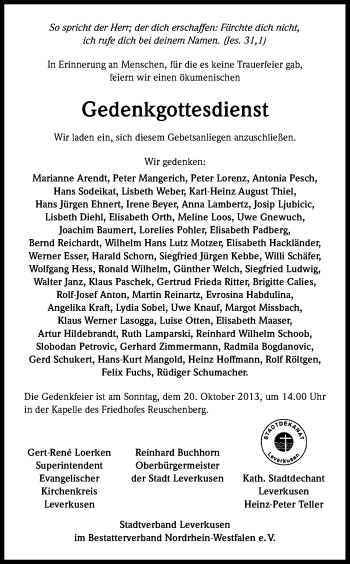 Anzeige von Stadtverband Leverkusen gedenkt von Kölner Stadt-Anzeiger / Kölnische Rundschau / Express