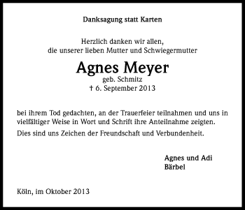 Anzeige von Agnes Meyer von Kölner Stadt-Anzeiger / Kölnische Rundschau / Express