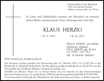 Anzeige von Klaus Herzig von Kölner Stadt-Anzeiger / Kölnische Rundschau / Express