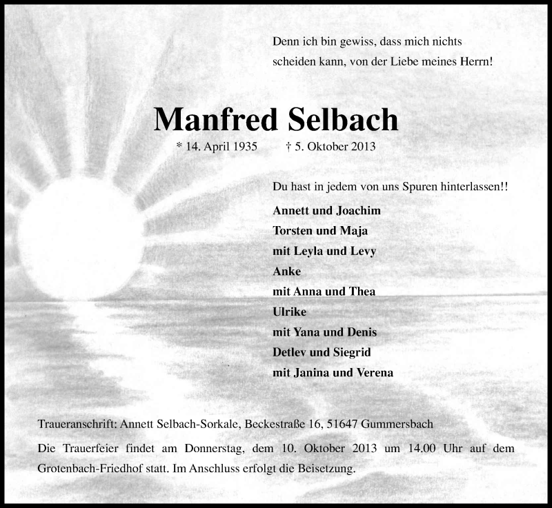  Traueranzeige für Manfred Selbach vom 08.10.2013 aus Kölner Stadt-Anzeiger / Kölnische Rundschau / Express