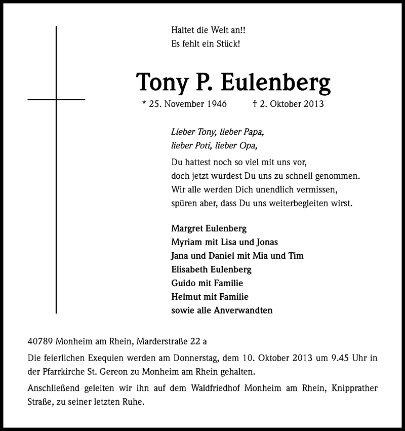  Traueranzeige für Tony Eulenberg vom 08.10.2013 aus Kölner Stadt-Anzeiger / Kölnische Rundschau / Express