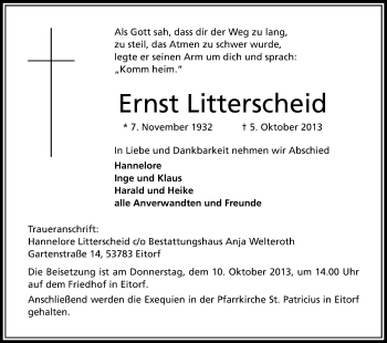 Anzeige von Ernst Litterscheid von Kölner Stadt-Anzeiger / Kölnische Rundschau / Express
