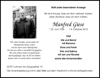 Anzeige von Manfred Giese von Kölner Stadt-Anzeiger / Kölnische Rundschau / Express