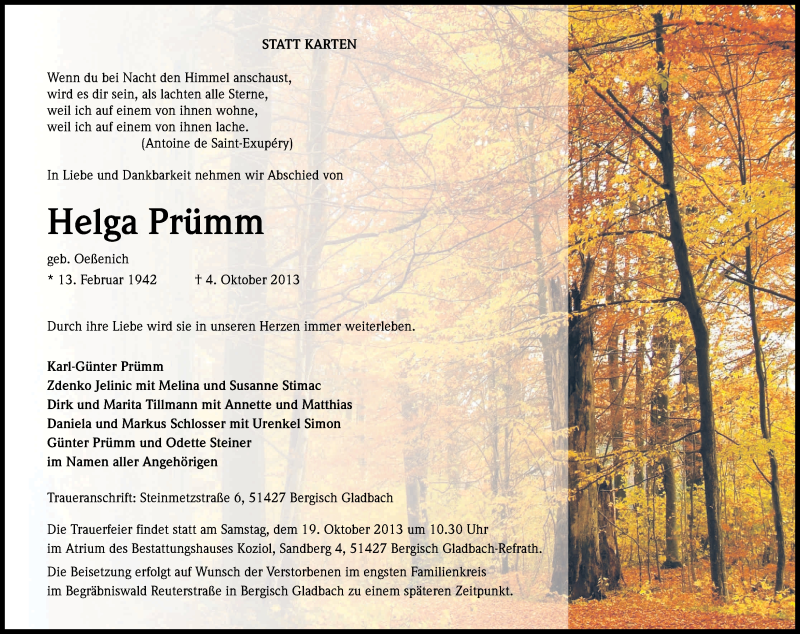  Traueranzeige für Helga Prümm vom 12.10.2013 aus Kölner Stadt-Anzeiger / Kölnische Rundschau / Express