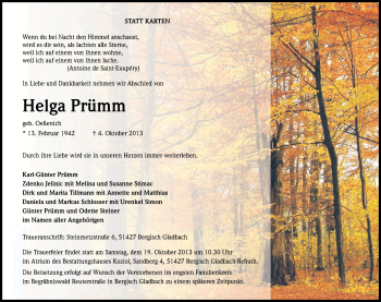 Anzeige von Helga Prümm von Kölner Stadt-Anzeiger / Kölnische Rundschau / Express