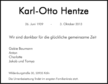 Anzeige von Karl-Otto Hentze von Kölner Stadt-Anzeiger / Kölnische Rundschau / Express