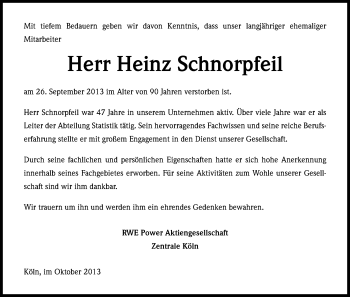 Anzeige von Heinz Schnorpfeil von Kölner Stadt-Anzeiger / Kölnische Rundschau / Express