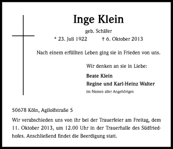 Anzeige von Inge Klein von Kölner Stadt-Anzeiger / Kölnische Rundschau / Express