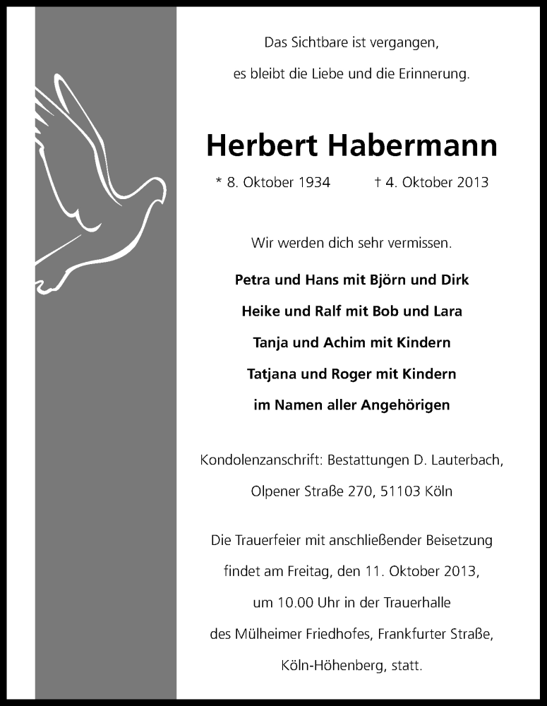  Traueranzeige für Herbert Habermann vom 09.10.2013 aus Kölner Stadt-Anzeiger / Kölnische Rundschau / Express
