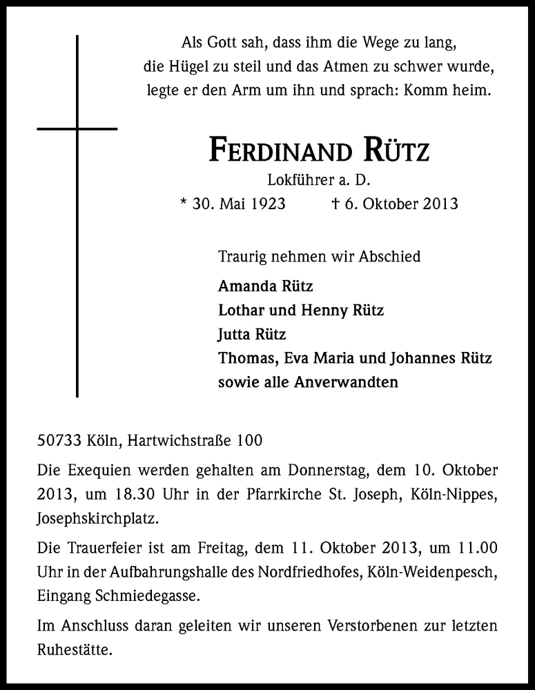  Traueranzeige für Ferdinand Rütz vom 09.10.2013 aus Kölner Stadt-Anzeiger / Kölnische Rundschau / Express