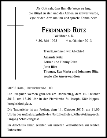 Anzeige von Ferdinand Rütz von Kölner Stadt-Anzeiger / Kölnische Rundschau / Express