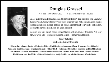 Anzeige von Douglas Grassel von Kölner Stadt-Anzeiger / Kölnische Rundschau / Express