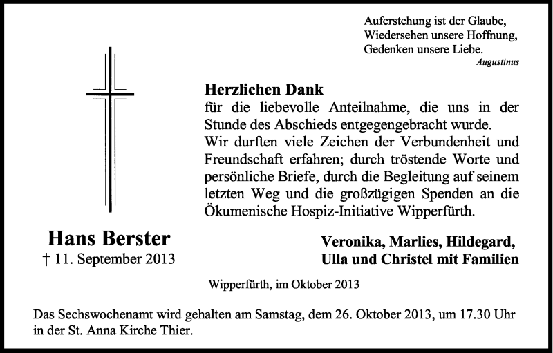  Traueranzeige für Hans Berster vom 19.10.2013 aus Kölner Stadt-Anzeiger / Kölnische Rundschau / Express