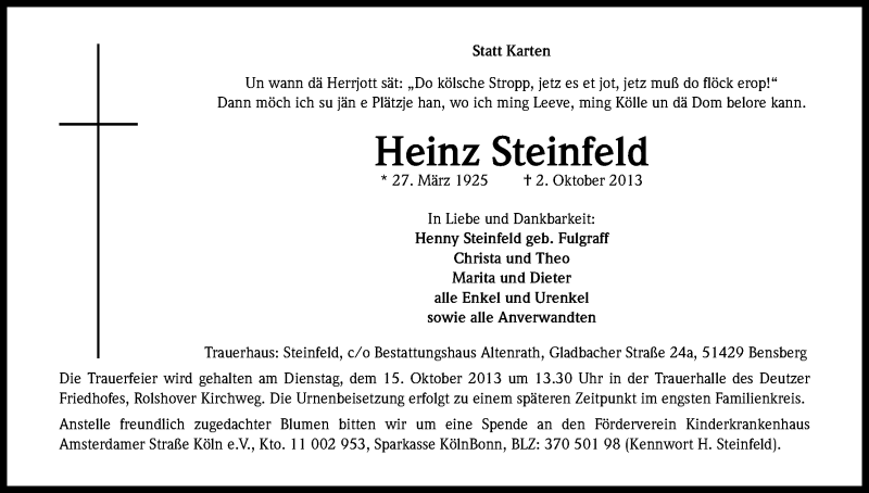  Traueranzeige für Heinz Steinfeld vom 12.10.2013 aus Kölner Stadt-Anzeiger / Kölnische Rundschau / Express
