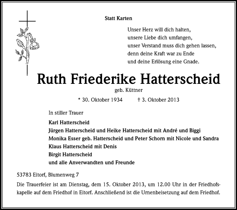  Traueranzeige für Ruth Friederike Hatterscheid vom 09.10.2013 aus Kölner Stadt-Anzeiger / Kölnische Rundschau / Express