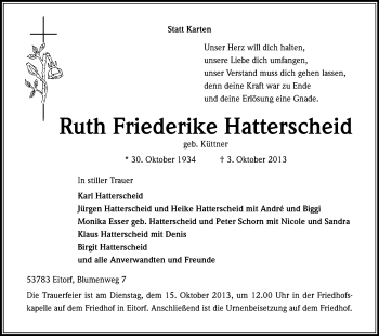Anzeige von Ruth Friederike Hatterscheid von Kölner Stadt-Anzeiger / Kölnische Rundschau / Express