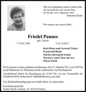 Anzeige von Friedel Pannes von Kölner Stadt-Anzeiger / Kölnische Rundschau / Express