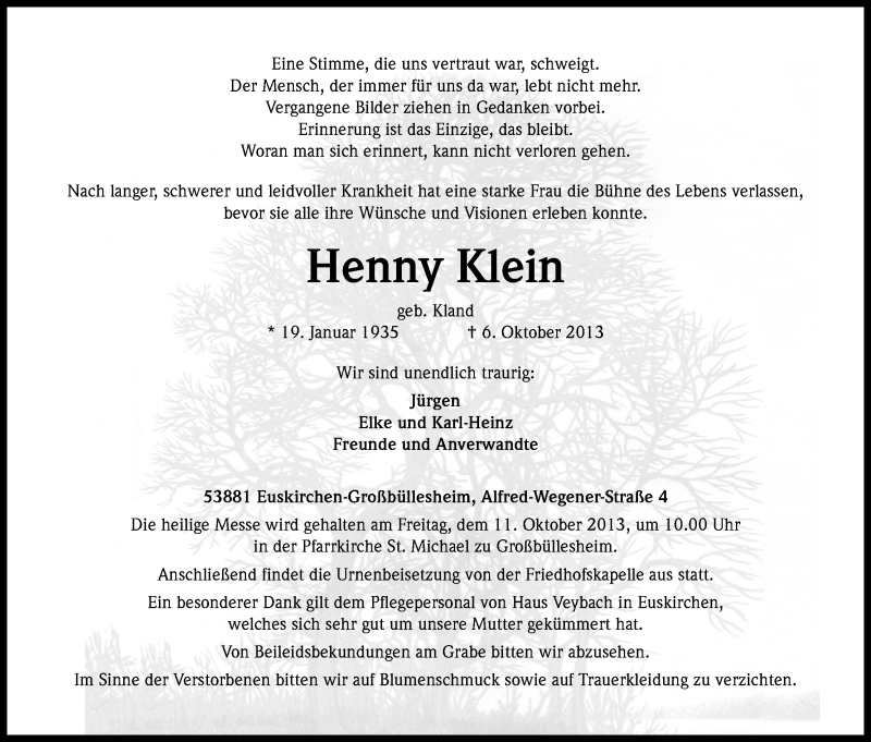  Traueranzeige für Henny Klein vom 09.10.2013 aus Kölner Stadt-Anzeiger / Kölnische Rundschau / Express
