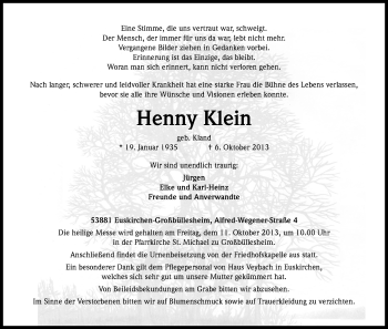 Anzeige von Henny Klein von Kölner Stadt-Anzeiger / Kölnische Rundschau / Express