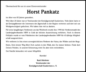 Anzeige von Horst Pankatz von Kölner Stadt-Anzeiger / Kölnische Rundschau / Express