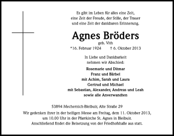 Anzeige von Agnes Bröders von Kölner Stadt-Anzeiger / Kölnische Rundschau / Express