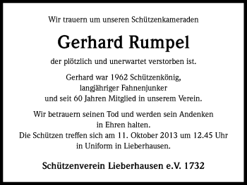 Anzeige von Gerhard Rumpel von Kölner Stadt-Anzeiger / Kölnische Rundschau / Express