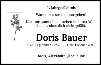 Anzeige von Doris Bauer von Kölner Stadt-Anzeiger / Kölnische Rundschau / Express