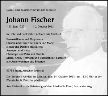 Anzeige von Johann Fischer von Kölner Stadt-Anzeiger / Kölnische Rundschau / Express