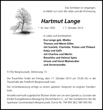 Anzeige von Hartmut Lange von Kölner Stadt-Anzeiger / Kölnische Rundschau / Express