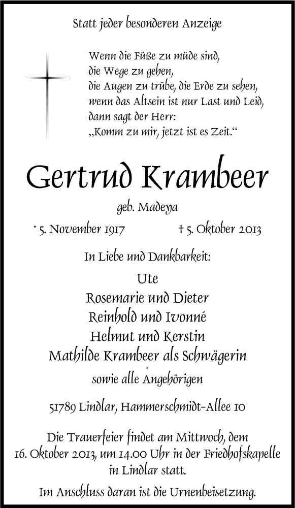  Traueranzeige für Gertrud Krambeer vom 09.10.2013 aus Kölner Stadt-Anzeiger / Kölnische Rundschau / Express
