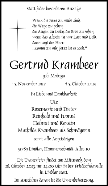 Anzeige von Gertrud Krambeer von Kölner Stadt-Anzeiger / Kölnische Rundschau / Express