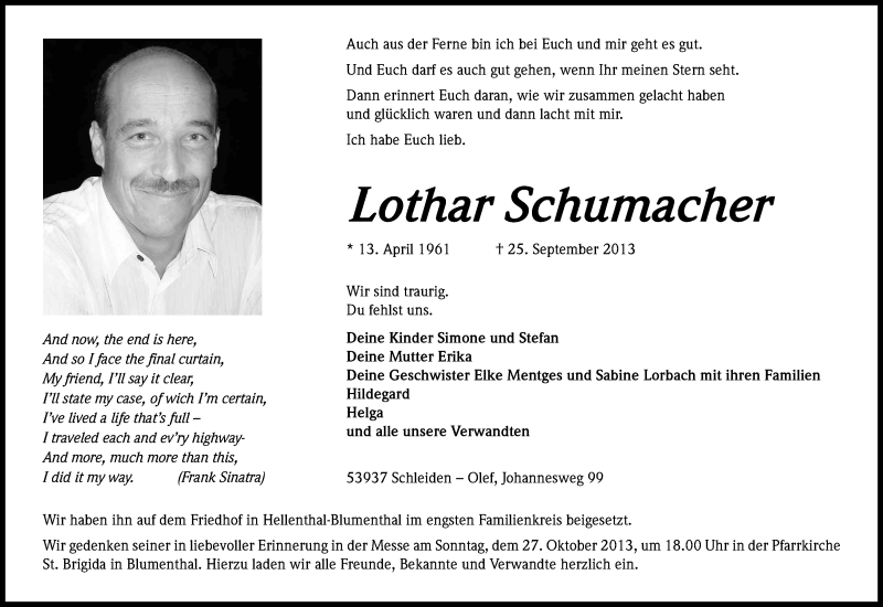  Traueranzeige für Lothar Schumacher vom 12.10.2013 aus Kölner Stadt-Anzeiger / Kölnische Rundschau / Express