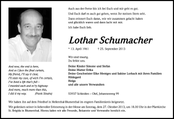 Anzeige von Lothar Schumacher von Kölner Stadt-Anzeiger / Kölnische Rundschau / Express