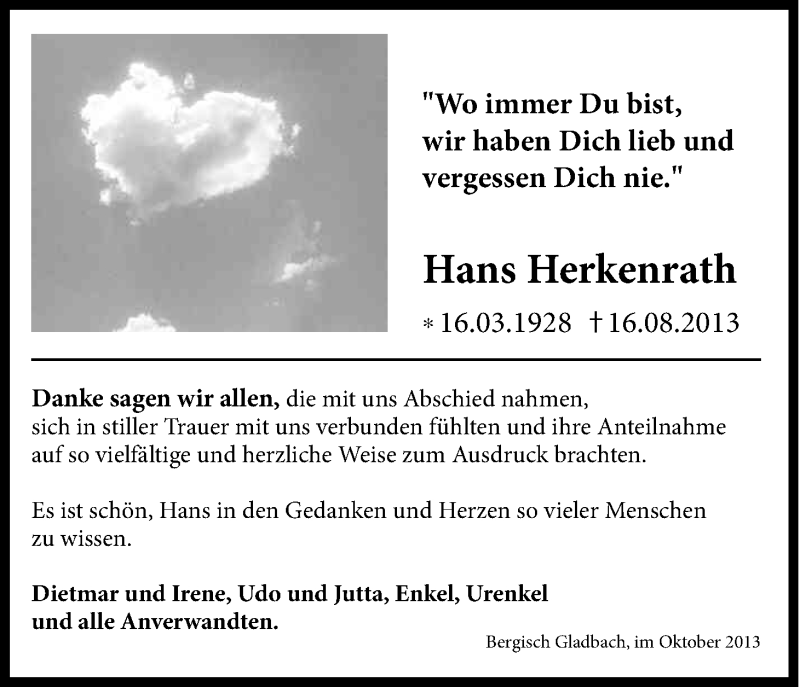  Traueranzeige für Hans Herkenrath vom 12.10.2013 aus Kölner Stadt-Anzeiger / Kölnische Rundschau / Express