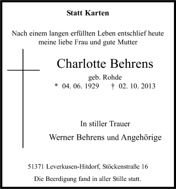 Anzeige von Charlotte Behrens von Kölner Stadt-Anzeiger / Kölnische Rundschau / Express