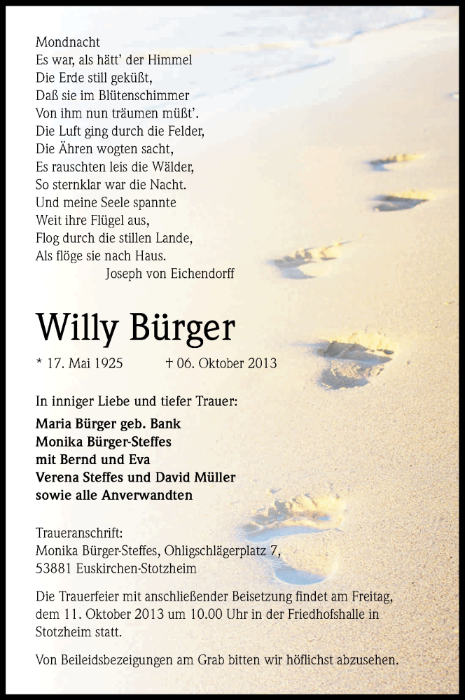  Traueranzeige für Willy Bürger vom 09.10.2013 aus Kölner Stadt-Anzeiger / Kölnische Rundschau / Express