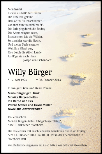 Anzeige von Willy Bürger von Kölner Stadt-Anzeiger / Kölnische Rundschau / Express