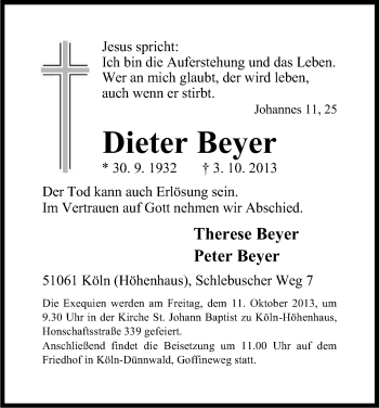 Anzeige von Dieter Beyer von Kölner Stadt-Anzeiger / Kölnische Rundschau / Express