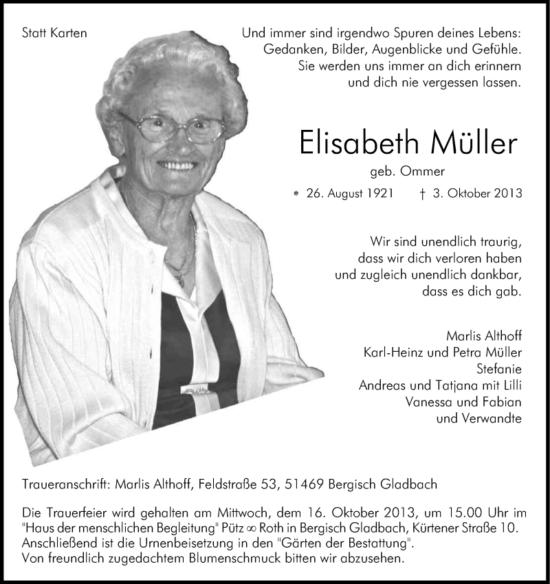  Traueranzeige für Elisabeth Müller vom 09.10.2013 aus Kölner Stadt-Anzeiger / Kölnische Rundschau / Express