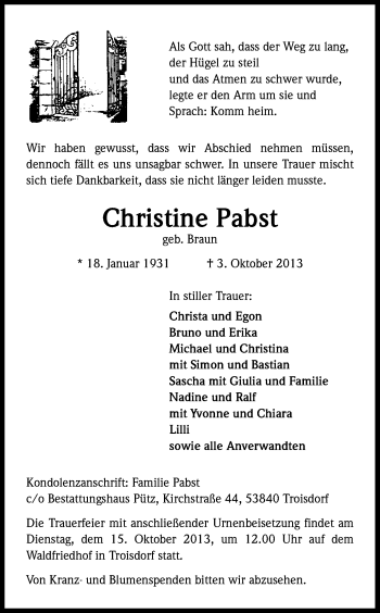 Anzeige von Christine Pabst von Kölner Stadt-Anzeiger / Kölnische Rundschau / Express