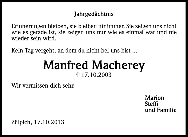  Traueranzeige für Manfred Macherey vom 17.10.2013 aus Kölner Stadt-Anzeiger / Kölnische Rundschau / Express