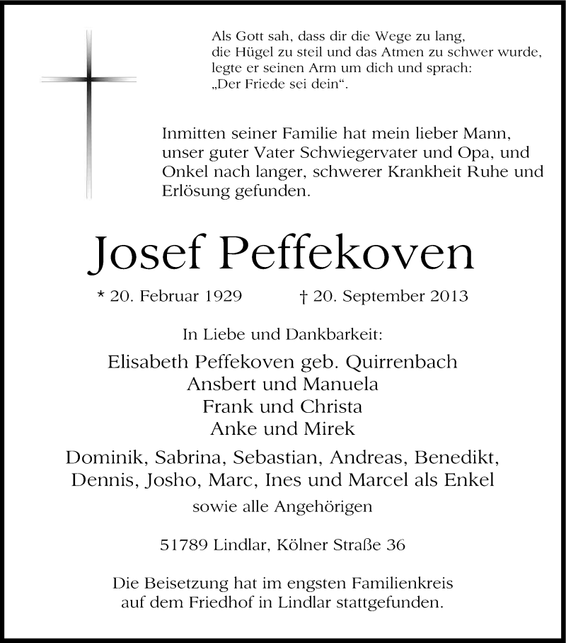  Traueranzeige für Josef Peffekoven vom 12.10.2013 aus Kölner Stadt-Anzeiger / Kölnische Rundschau / Express