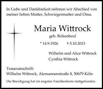 Anzeige von Maria Wittrock von Kölner Stadt-Anzeiger / Kölnische Rundschau / Express