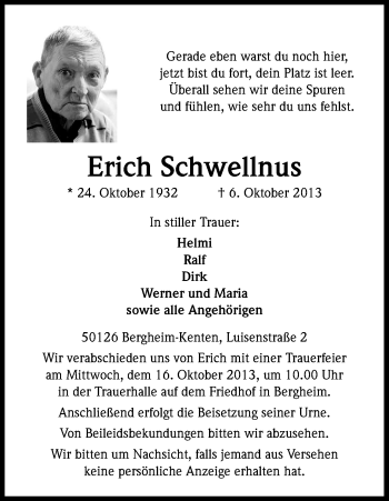 Anzeige von Erich Schwellnus von Kölner Stadt-Anzeiger / Kölnische Rundschau / Express