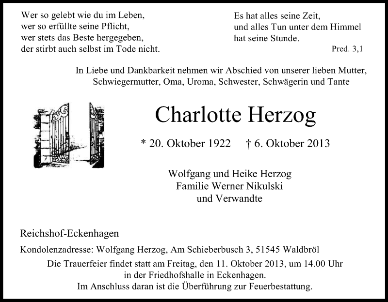  Traueranzeige für Charlotte Herzog vom 09.10.2013 aus Kölner Stadt-Anzeiger / Kölnische Rundschau / Express