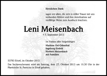 Anzeige von Leni Meisenbach von Kölner Stadt-Anzeiger / Kölnische Rundschau / Express