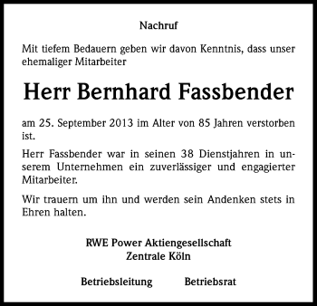 Anzeige von Bernhard Fassbender von Kölner Stadt-Anzeiger / Kölnische Rundschau / Express