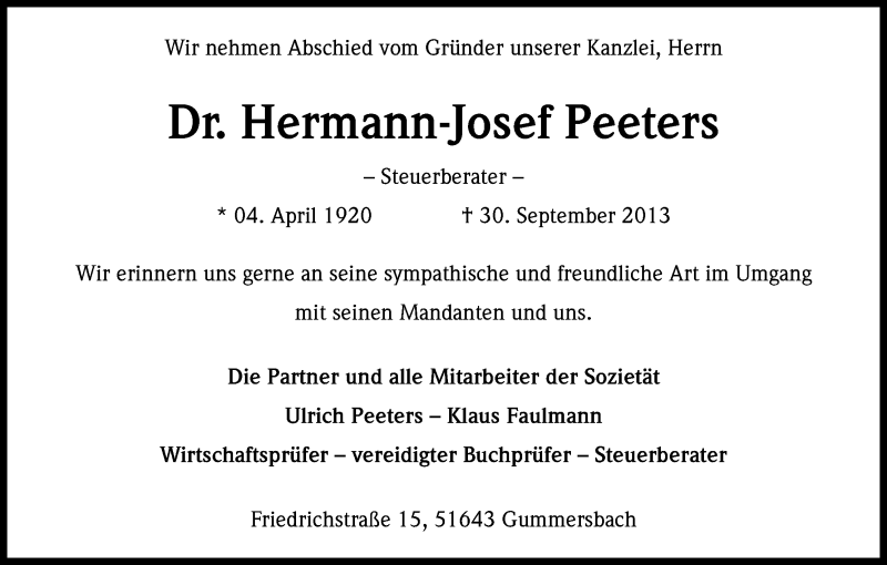 Traueranzeige für Hermann-Josef Peeters vom 09.10.2013 aus Kölner Stadt-Anzeiger / Kölnische Rundschau / Express