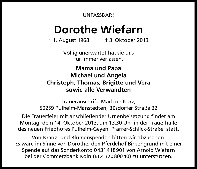  Traueranzeige für Dorothe Wiefarn vom 12.10.2013 aus Kölner Stadt-Anzeiger / Kölnische Rundschau / Express